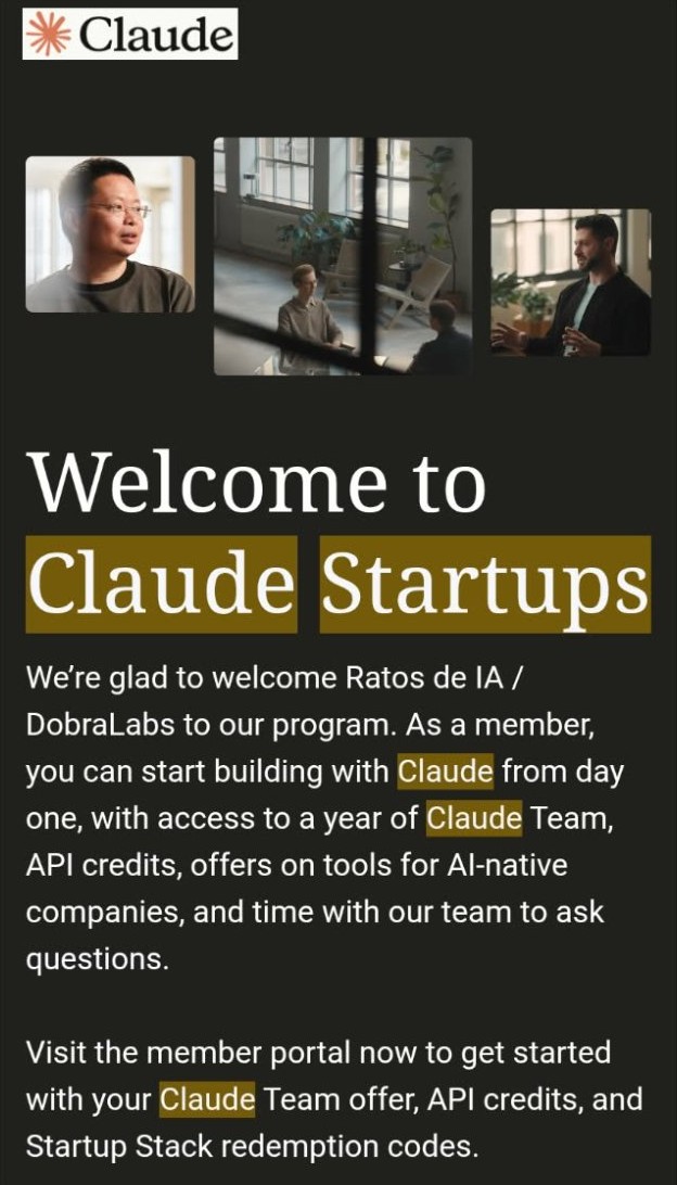 E-mail de boas-vindas da Anthropic ao Claude Startups, citando Ratos de IA / DobraLabs