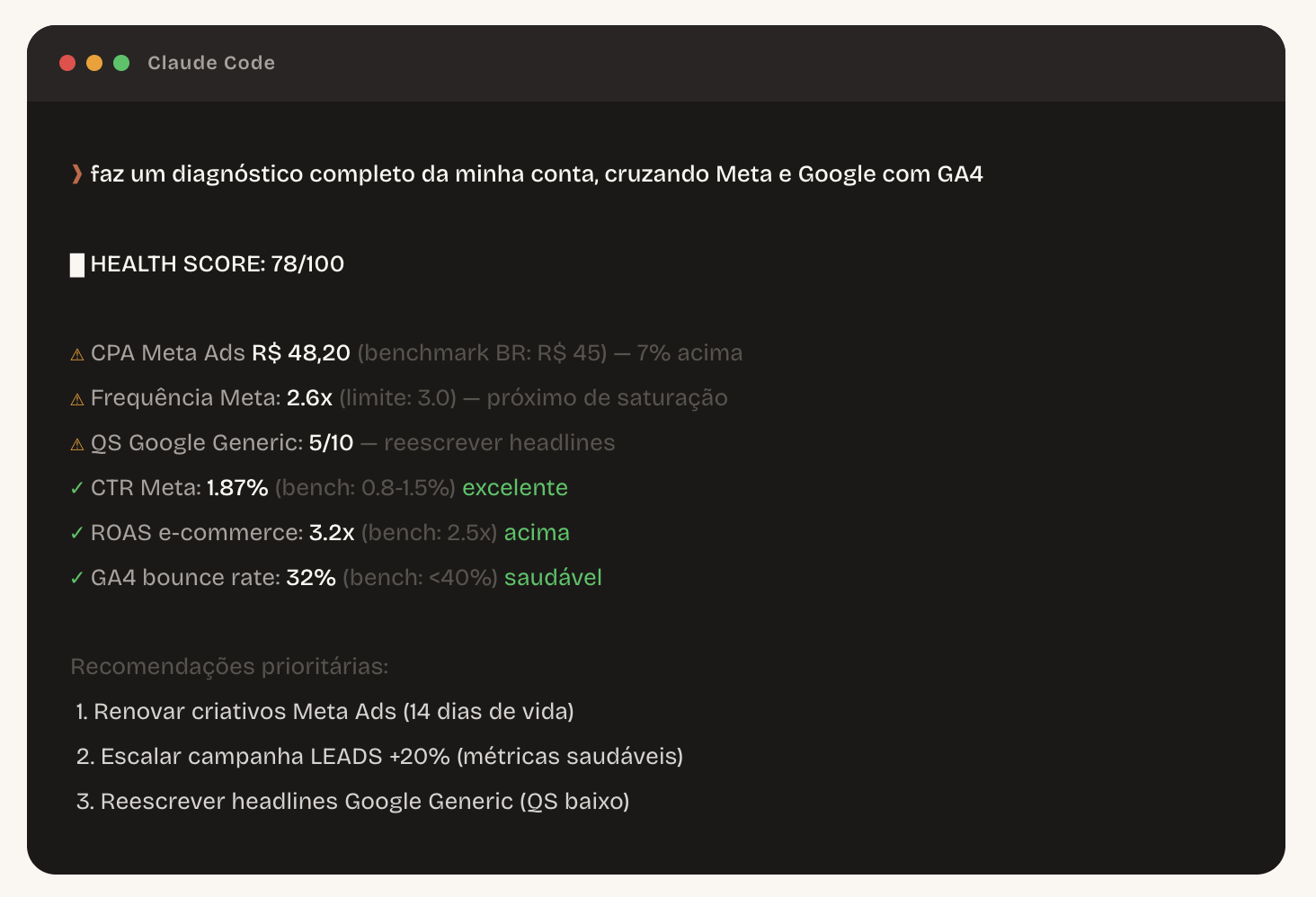 Exemplo de conversa com a skill de tráfego pago dentro do Claude Code, puxando insights de campanha