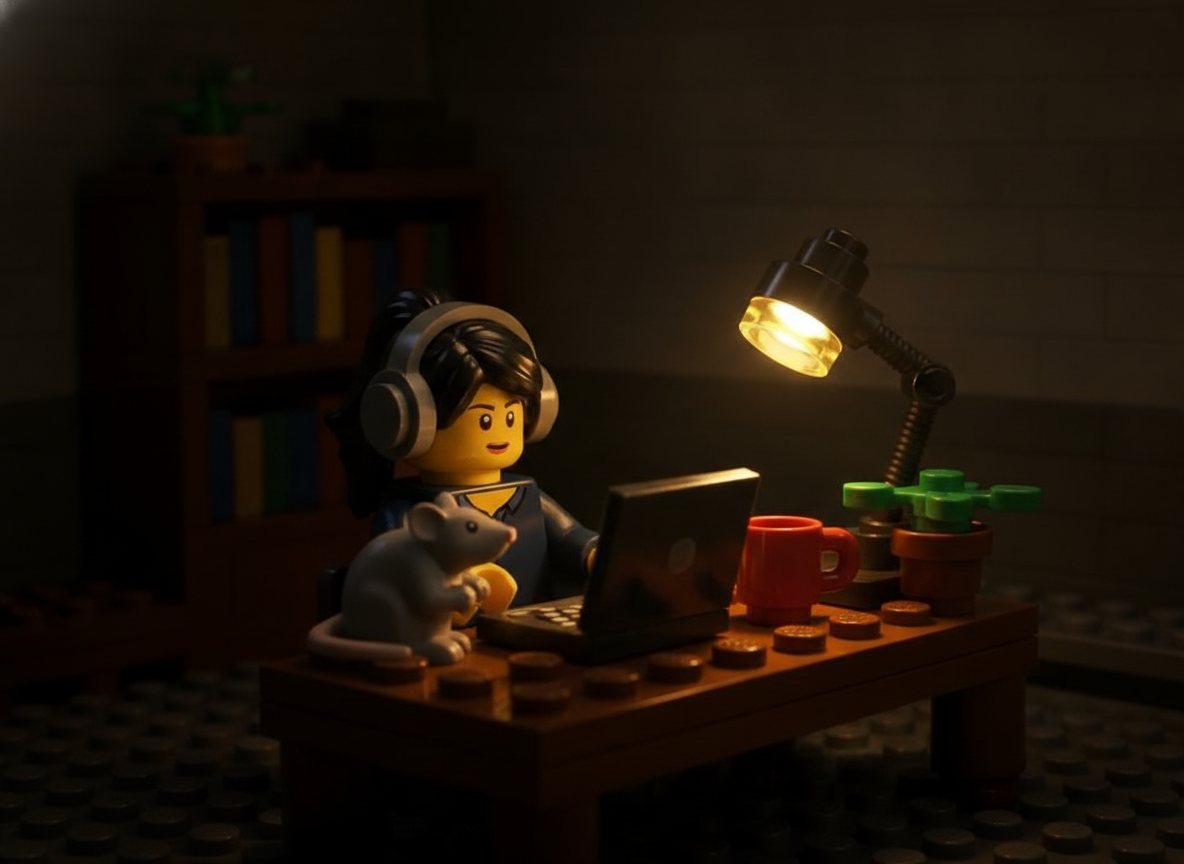 minifigura de LEGO estudando no notebook com um ratinho do lado