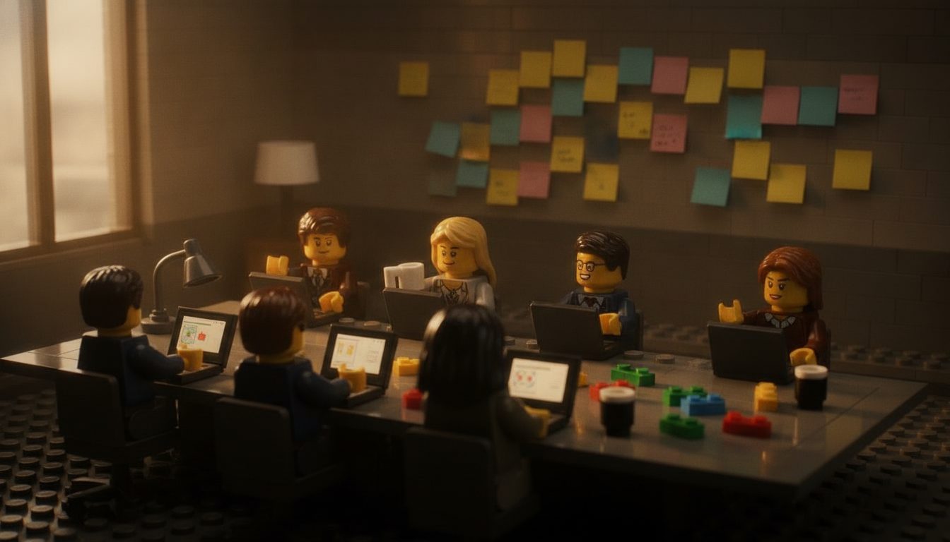minifiguras de LEGO trabalhando juntas em notebooks, com post-its coloridos na parede